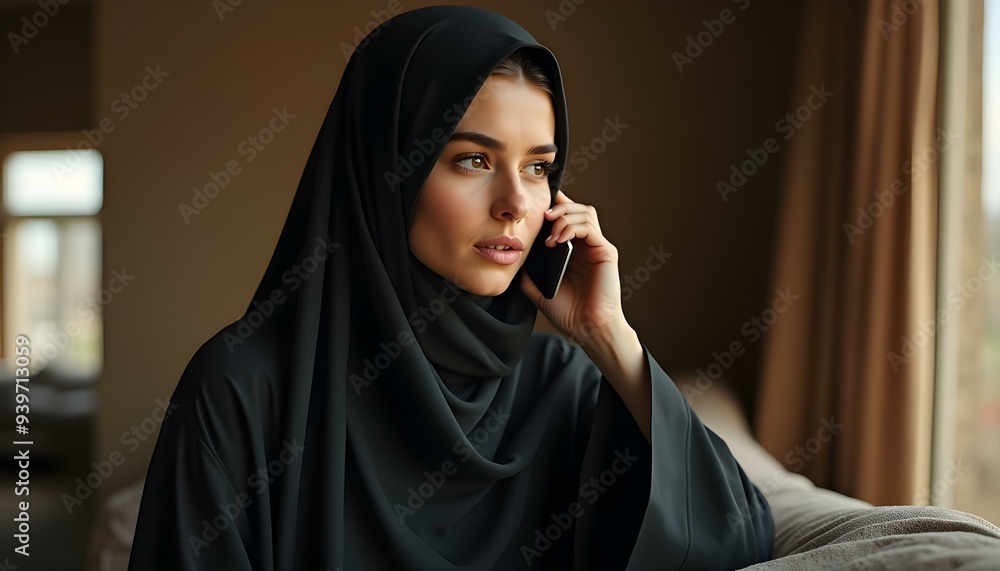 Beautiful young Arabian woman wearing traditional black clothes talking on mobile phone at home, Muslim woman wearing hijab, Muslim woman, muslim girl, young muslim woman Beautiful young Arabian woman wearing traditional black clothes talking on mobile phone at home, Muslim woman wearing hijab, Muslim woman, muslim girl, young muslim woman