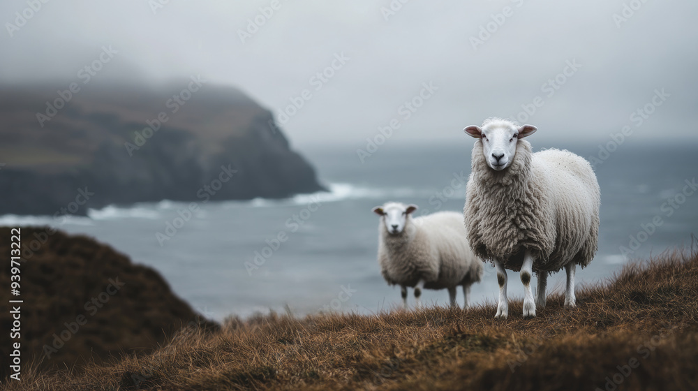 Two sheep standing on cliffside with ocean in the background, misty weather. Rural and nature concept Two sheep standing on cliffside with ocean in the background, misty weather. Rural and nature concept