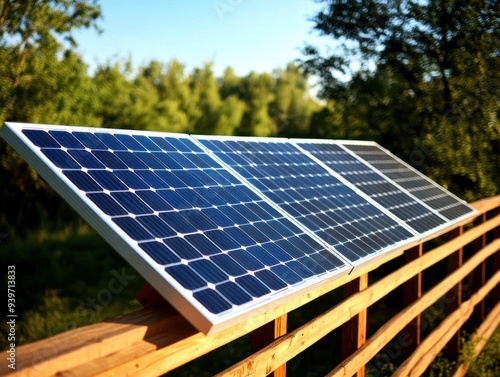 Solar panels installed on a wooden structure in a green, sunny outdoor environment, capturing renewable energy from sunlight.