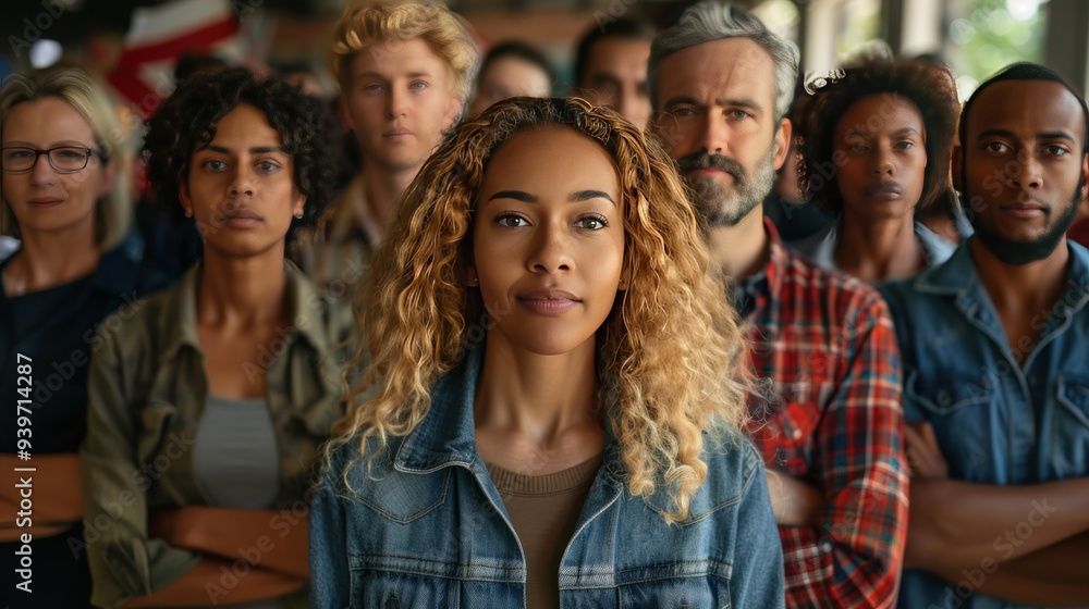A diverse group of voters waiting in line at a polling station with happy expressions, wearing a mix of casual and formal attire. A diverse group of voters waiting in line at a polling station with happy expressions, wearing a mix of casual and formal attire.
