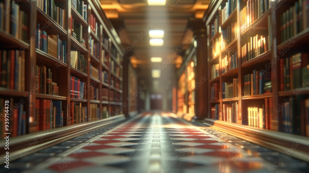 A well-lit corridor between tall bookshelves in a university library, featuring cool lighting and an academic environment. A well-lit corridor between tall bookshelves in a university library, featuring cool lighting and an academic environment.