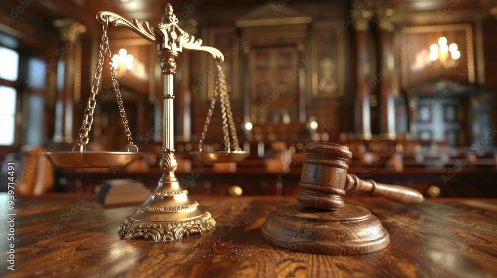 Judicial gavel and scales of justice on the witness stand in a courtroom, with cool lighting and traditional decor. Judicial gavel and scales of justice on the witness stand in a courtroom, with cool lighting and traditional decor.