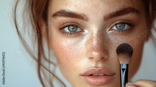 Portrait of a young woman applying makeup with a brush, close-up. Beauty and skincare concept