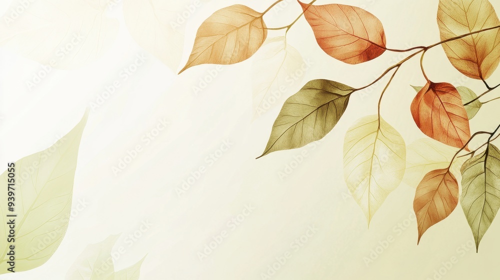 Soft, artistic depiction of leaves in various colors against a light background. Soft, artistic depiction of leaves in various colors against a light background.