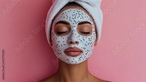 Woman with facial mask and towel on head against pink background, skincare and beauty concept