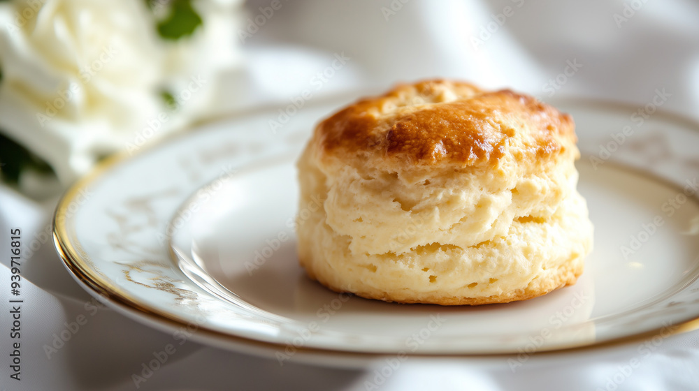 Close-up of scone on white ceramic plate Close-up of scone on white ceramic plate