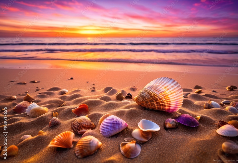 vibrant beach sunset featuring colorful seashells scattered across creating picturesque coastal landscape, sand, ocean, horizon, sky, waves, light, evening vibrant beach sunset featuring colorful seashells scattered across creating picturesque coastal landscape, sand, ocean, horizon, sky, waves, light, evening