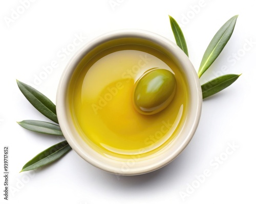 Olive oil with an olive in a tiny bowl surrounded by fresh leaves. Generative AI photo