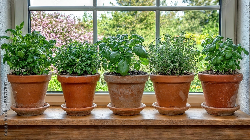 Fototapeta premium Potted plants sit on window sill