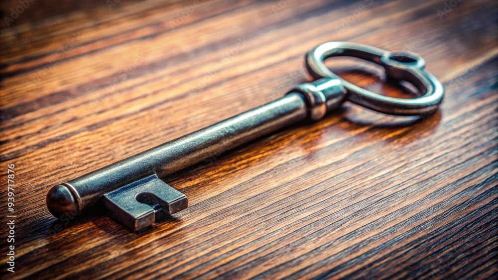 Modern iron key resting on standard scale on a wooden table surface. Generative AI Modern iron key resting on standard scale on a wooden table surface. Generative AI