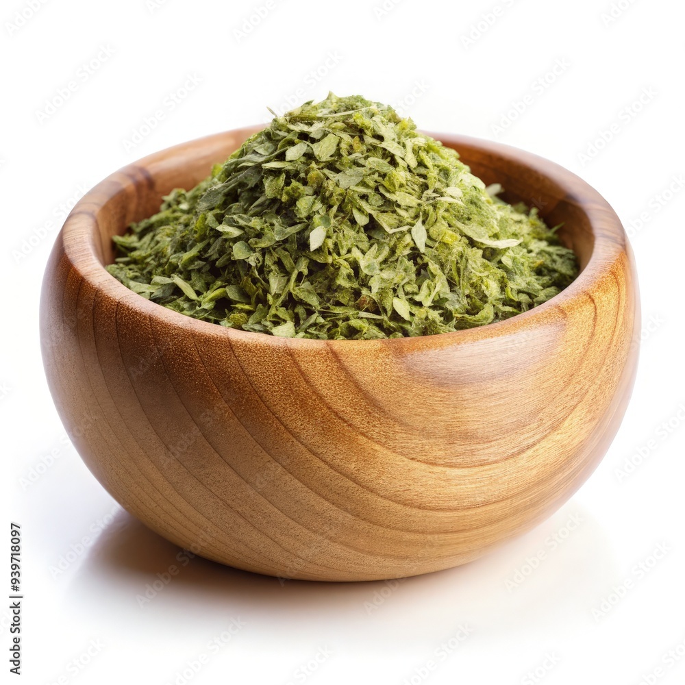 Origano leaves in a wooden bowl on a white background for culinary use. Generative AI Origano leaves in a wooden bowl on a white background for culinary use. Generative AI
