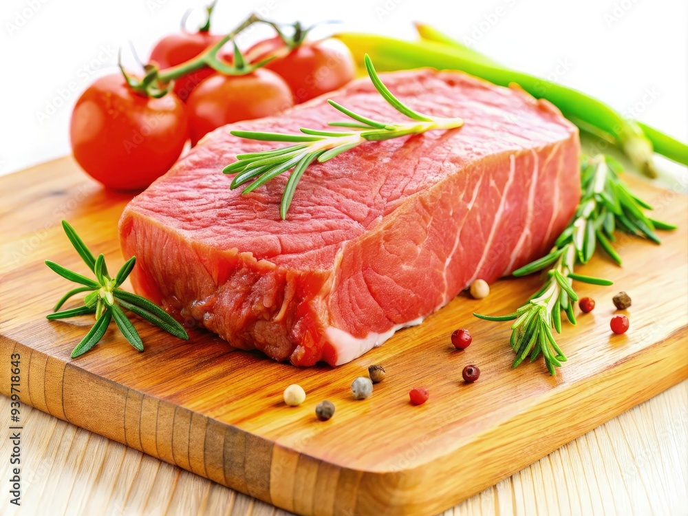 Rump steak with fresh herbs and tomatoes on a wooden cutting board. Generative AI Rump steak with fresh herbs and tomatoes on a wooden cutting board. Generative AI