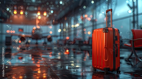 suitcases in an empty airport hall, traveler cases in the departure airport terminal waiting for the area, vacation concept, blank space for text message or design