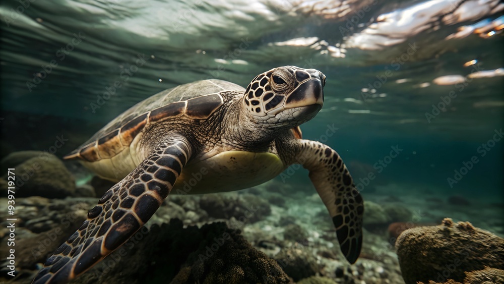 Obraz premium Turtle with rugged mosaic shell of earthy tones gracefully swimming in the depths of a crystal clear ocean