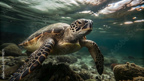 Turtle with rugged mosaic shell of earthy tones gracefully swimming in the depths of a crystal clear ocean