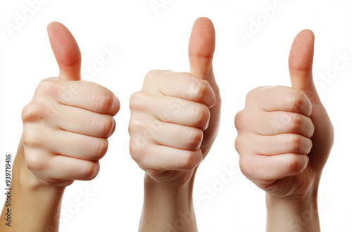 Three hands giving thumbs up on white background