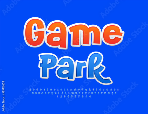 Vector creative Poster Game Park. `funny `blue Font. Bright sticker Alphabet Letters and Numbers set.