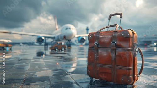 3d render of travel luggage in airport terminal, airplane flying far away in the background, sunset light, minimalistic style, Traveling luggage in airport terminal with passenger plane flying station