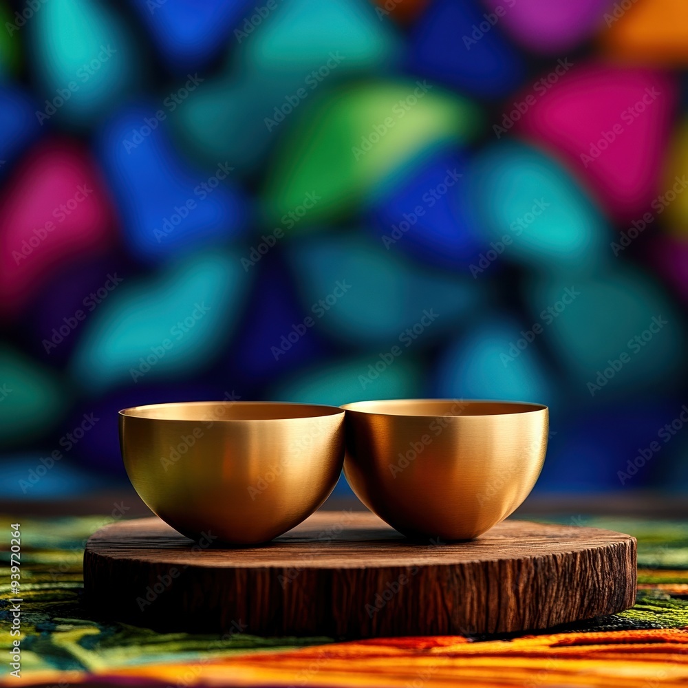Two brass bowls on rustic wooden base with colorful background. Bright, artistic, and vibrant decor. Ideal for various design themes. Two brass bowls on rustic wooden base with colorful background. Bright, artistic, and vibrant decor. Ideal for various design themes.