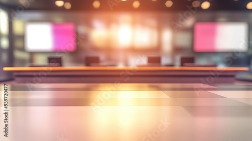 A blurred conference room with a table and screens, suggesting a business meeting setting.