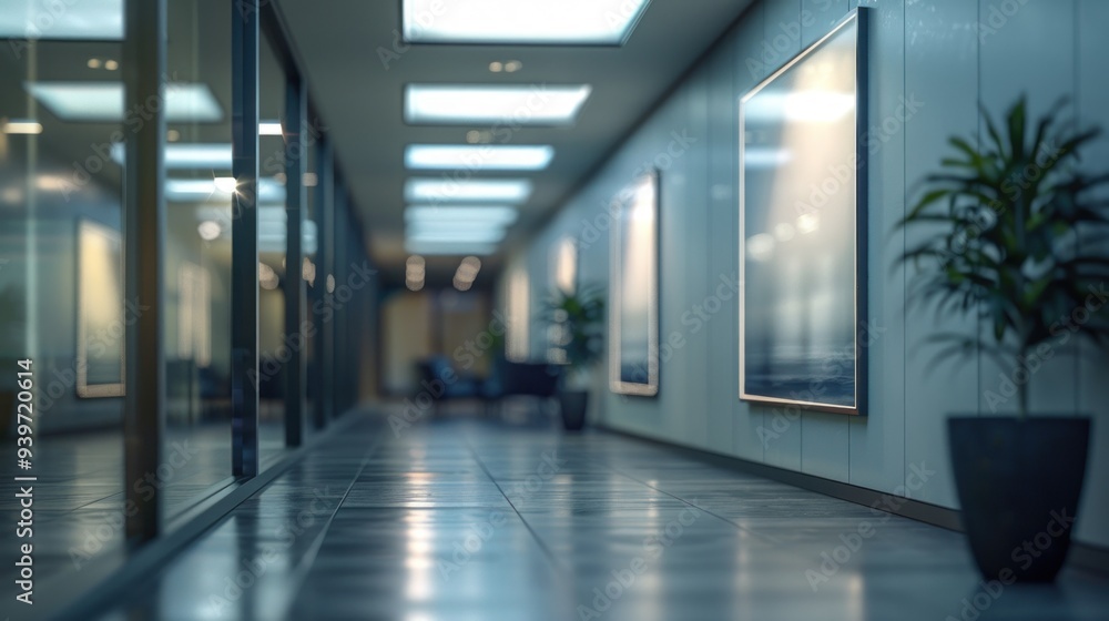 Empty posters on the wall in a contemporary office space, highlighted by ambient lighting and a professional environment. Empty posters on the wall in a contemporary office space, highlighted by ambient lighting and a professional environment.