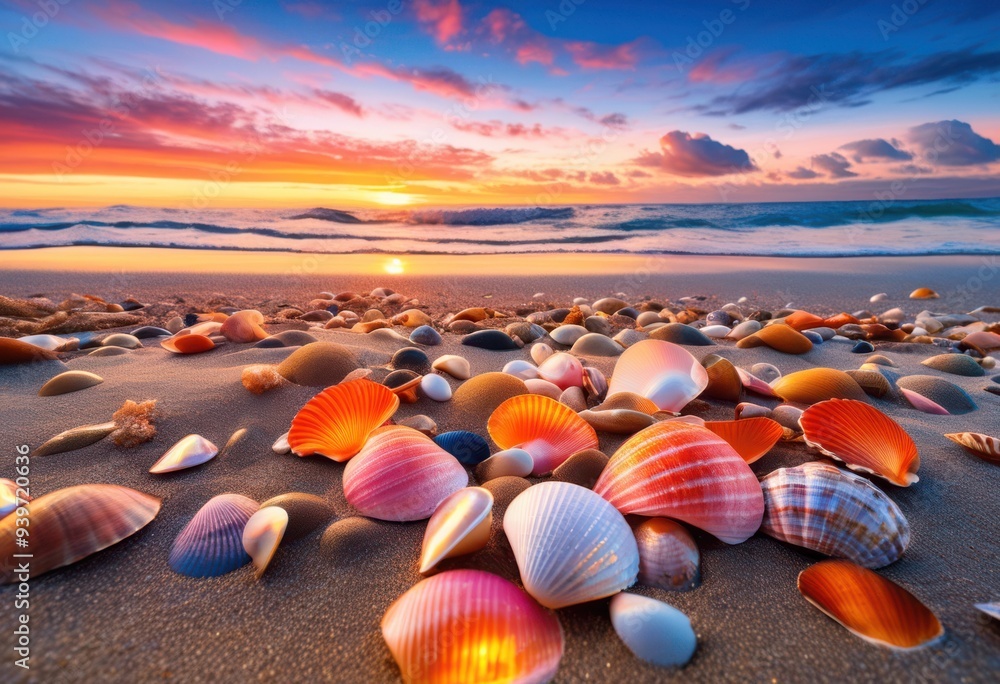 vibrant coastal sunset colorful shell arrangements scenic ocean background, beach, shoreline, horizon, waves, light, reflection, scenery, nature, sand vibrant coastal sunset colorful shell arrangements scenic ocean background, beach, shoreline, horizon, waves, light, reflection, scenery, nature, sand