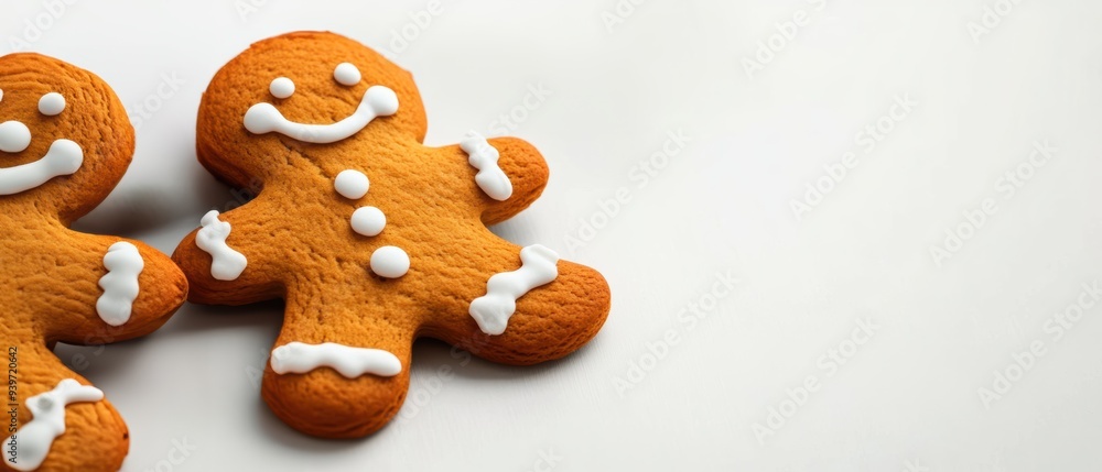 Two smiling gingerbread men with icing detail on a white background, capturing the festive and playful spirit of holiday baking. Two smiling gingerbread men with icing detail on a white background, capturing the festive and playful spirit of holiday baking.