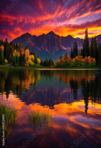 vibrant sunset colors reflecting calm lake surface creating stunning natural landscape, reflection, serene, nature, sky, water, evening, clouds, orange