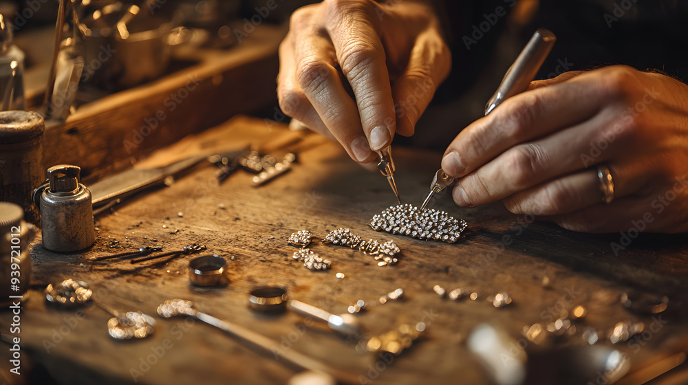 A jeweler's hands meticulously work on a piece of jewelry, showcasing the intricate detail and skill involved in crafting exquisite pieces. A jeweler's hands meticulously work on a piece of jewelry, showcasing the intricate detail and skill involved in crafting exquisite pieces.