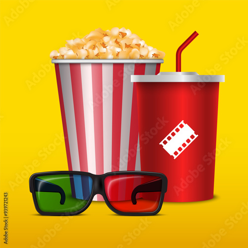 3d cinima glasses and crunchy popcorn snack in striped bucket with cola cup, vector illustration