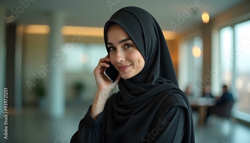 Beautiful young Arabian woman wearing traditional black clothes talking on mobile phone at office, Muslim woman in office, Young Muslim girl in office, Muslim woman wearing hijab