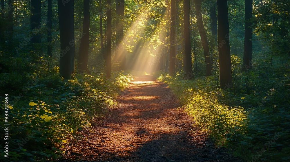 Tranquil forest path with dappled sunlight ideal for high-definition and peaceful wallpapers Tranquil forest path with dappled sunlight ideal for high-definition and peaceful wallpapers