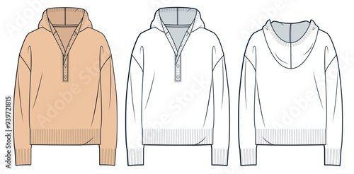 Sweater technical fashion illustration. Hooded Sweater fashion flat technical drawing template, half button, oversize, front and back view, white, peach color, women, men, unisex Top CAD mockup set.
