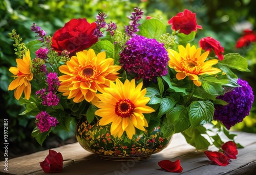 Wallpaper Mural vibrant floral arrangements surrounded lush greenery showcasing colorful display beauty, flowers, plants, blossoms, colors, nature, garden, petals, leaves Torontodigital.ca