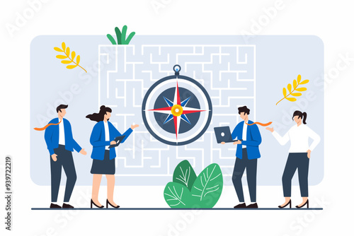 Flat illustration of group navigating maze with compass symbolizing problem-solving in business