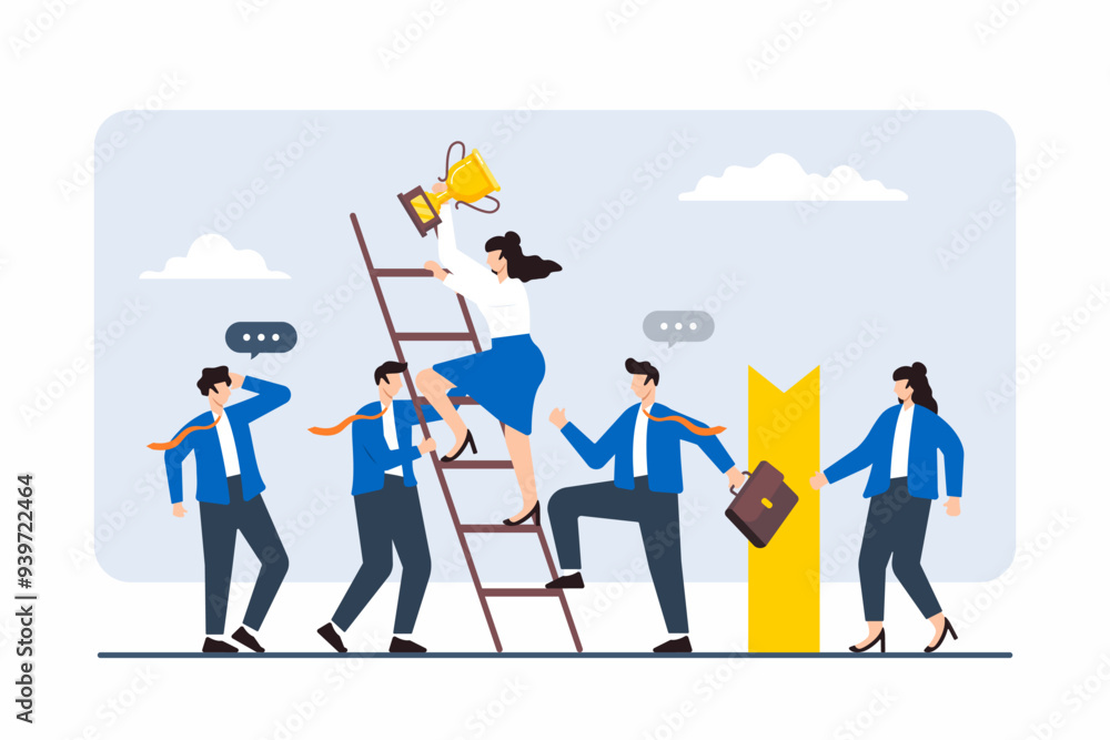 Flat illustration of professionals holding up ladder for colleague climbing to success Flat illustration of professionals holding up ladder for colleague climbing to success