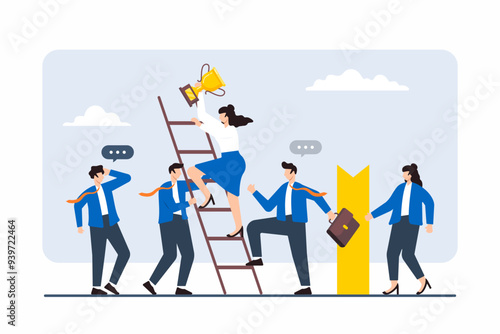 Flat illustration of professionals holding up ladder for colleague climbing to success