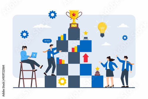 Flat illustration of team working together to build pyramid of success with blocks