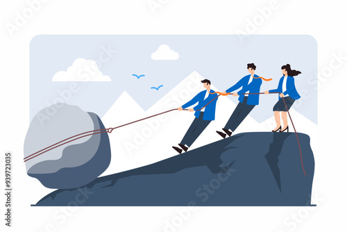 Flat illustration of professionals pulling heavy boulder uphill, symbolizing overcoming business challenges