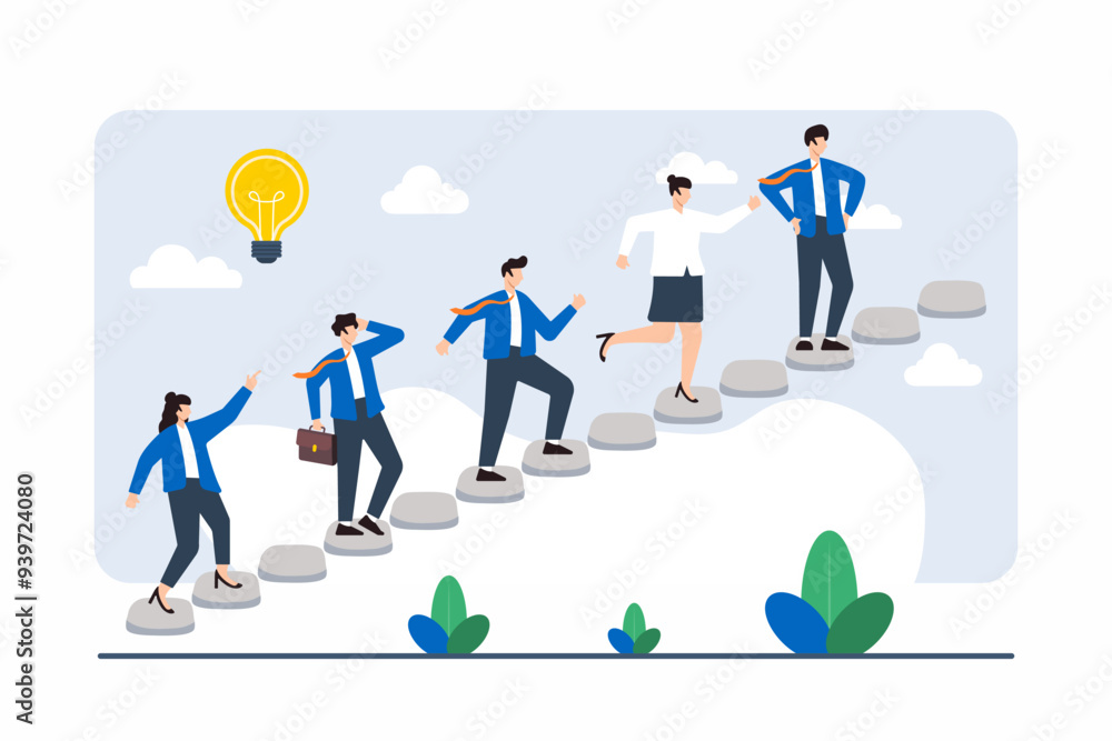 Flat illustration of team constructing path with stepping stones, symbolizing gradual progress Flat illustration of team constructing path with stepping stones, symbolizing gradual progress