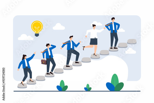 Flat illustration of team constructing path with stepping stones, symbolizing gradual progress