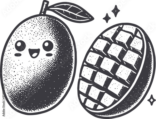 Grunge-Style Mango Smiling Fruit Character with Texture, Rough Hand-Drawn with Grainy Print Effect.