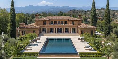 A luxurious villa with an expansive swimming pool and verdant surroundings nestled in a stunning mountainous landscape under a clear blue sky