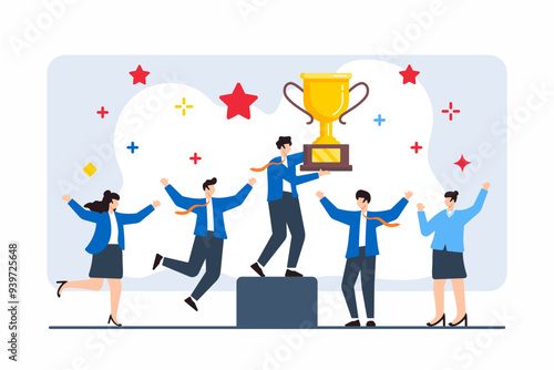Flat illustration of team holding up trophy, representing achieving business success