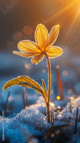A Single Flower Emerges from the Snow in the Golden Hour