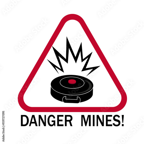 Danger mines sign. Vector illustration land mines icon inside. Caution minefield. Warning symbol. War conception.