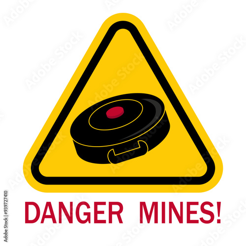 Land mines warning sign. Vector illustration of yellow triangle sign with land mine icon inside. Caution explosive weapon. Beware minefield. War conception.