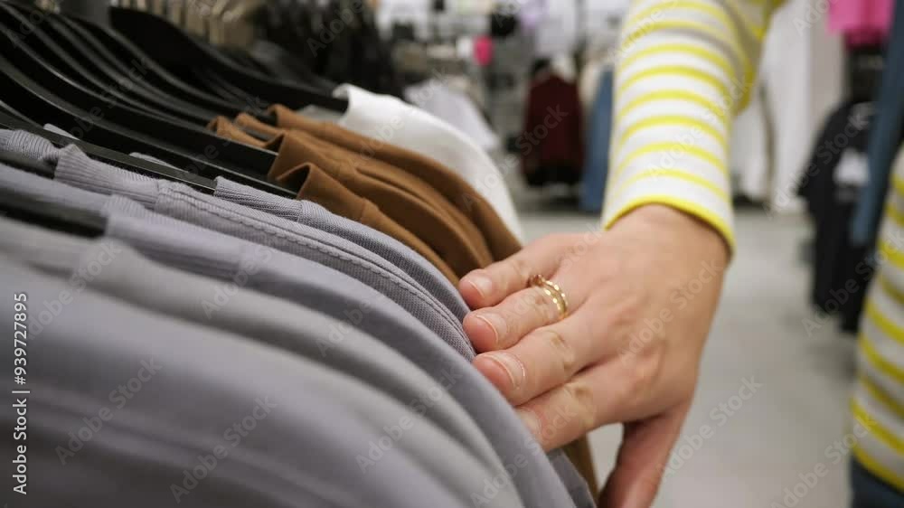 Close-up of Female Hands Plucked Hanger Choosing Clothes in a Clothing Store. Close-up of Female Hands Plucked Hanger Choosing Clothes in a Clothing Store.