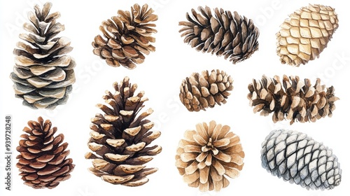 Pine cones set. White background. Watercolor illustrations