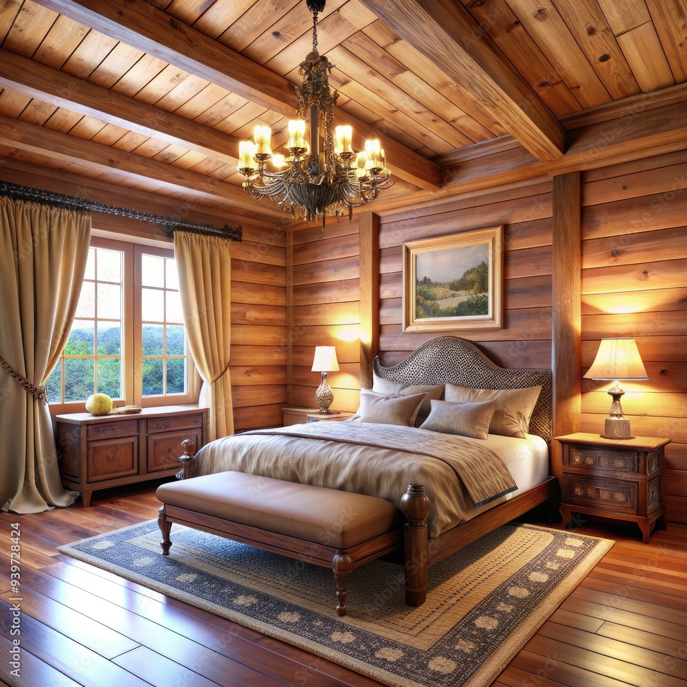 Cozy wooden bedroom featuring a stylish bed, chandelier, and natural light. Generative AI Cozy wooden bedroom featuring a stylish bed, chandelier, and natural light. Generative AI